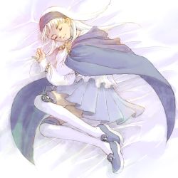 Rule 34 | boots, cape, closed eyes, gensou suikoden, gensou suikoden ii, hairband, lowres, sakai yume, sierra mikain, silver hair, skirt, sleeping, solo, thigh boots, thighhighs, vampire
