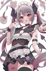 Rule 34 | 1girl, :d, absurdres, armlet, bandaid, bandaid on arm, belt collar, black thighhighs, blurry, blurry background, blurry foreground, blush, breasts, cake, candy, chocolate, chocolate heart, cleavage, coffee, coffee mug, collar, commentary, cowboy shot, cup, demon tail, demon wings, dodota, earrings, fang, flat chest, food, from below, gradient hair, grey hair, hair intakes, hair ornament, hairclip, heart, highres, horns, jewelry, leg tattoo, long hair, looking at viewer, low wings, maid headdress, mole, mole under eye, mug, multicolored hair, nail polish, o-ring, open mouth, original, pink hair, pointy ears, red eyes, red nails, scrunchie, sidelocks, single thighhigh, skin fang, smile, solo, spilling, standing, sweets, symbol-only commentary, tail, tattoo, thighhighs, thighs, twintails, v, wings, wrist scrunchie