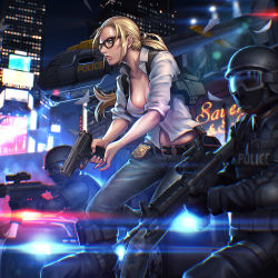Rule 34 | 1girl, 2boys, aircraft, ammunition pouch, assault rifle, belt, blonde hair, blue eyes, breasts, building, bulletproof vest, car, city, cleavage, collarbone, goggles, gun, handgun, helicopter, helmet, holster, ikegami noroshi, load bearing vest, long hair, m4 carbine, mask, midriff, motor vehicle, mouth mask, multiple boys, navel, neon lights, nipples, no bra, open clothes, original, parted lips, pistol, police, police badge, police car, police uniform, policeman, policewoman, ponytail, pouch, rifle, scope, sig p228/p229, sig sauer, skyscraper, trigger discipline, uniform, vehicle, weapon