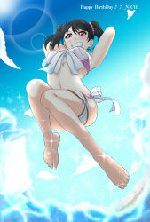 Rule 34 | 1girl, 2019, artist name, artist request, bare legs, bare shoulders, bikini, black hair, blue sky, blush, bow, cloud, cloudy sky, feet, female focus, frilled bikini, frills, full body, highres, jumping, looking at viewer, love live!, love live! school idol project, nico nico nii, pink bikini, red bow, red eyes, short hair, sky, smile, solo, sparkle, swimsuit, teeth, thighhighs, twintails, yazawa nico