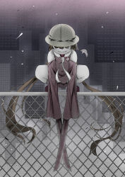 Rule 34 | 1girl, asymmetrical legwear, bare shoulders, brooch, chain-link fence, clenched teeth, commentary request, covered navel, detached sleeves, fence, film grain, full body, hat, heart, heart brooch, highres, jewelry, light brown hair, long hair, long sleeves, looking at viewer, ne an ito, on fence, open mouth, pink sleeves, single thighhigh, sleeves past fingers, sleeves past wrists, solo, squatting, teeth, thick thighs, thighhighs, thighs, tsukuyomi ai, twintails, very long hair, voiceroid