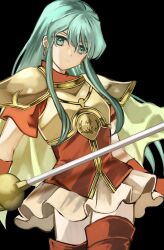 Rule 34 | 1girl, absurdres, armor, black background, blue eyes, blue hair, boots, breastplate, brown skirt, commentary request, earrings, eirika (fire emblem), fire emblem, fire emblem: the sacred stones, frown, hair behind ear, head tilt, highres, holding, holding sword, holding weapon, jewelry, long hair, nintendo, omlililimo, pauldrons, rapier, red footwear, red shirt, shirt, shoulder armor, sidelocks, simple background, skirt, solo, sword, thigh boots, v-shaped eyebrows, very long hair, weapon
