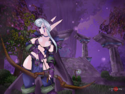 Rule 34 | arrow (projectile), bikini, blue eyes, bow (weapon), bra, elbow gloves, elf, forest, gloves, lingerie, nature, night elf (warcraft), pointy ears, ruins, solo, swimsuit, thighhighs, underwear, warcraft, weapon, white hair, world of warcraft, young wang