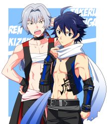 Rule 34 | 10s, 2boys, abs, black hair, blue background, blue eyes, blue hair, character name, clenched hand, cowboy shot, fingerless gloves, gloves, hair tie, idol, idolmaster, idolmaster side-m, jewelry, kanji, kizaki ren, koutake hiroyoshi, long hair, looking at viewer, male focus, multiple boys, muscular, muscular male, necklace, open clothes, open mouth, open vest, pectoral cleavage, pectorals, ponytail, sarashi, scarf, silver hair, simple background, taiga takeru, vest, yellow eyes