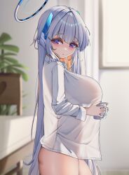 Rule 34 | 1girl, absurdres, blue archive, blurry, blurry background, blush, bottomless, breasts, cup, from side, grey hair, halo, headgear, highres, holding, holding cup, indoors, lanhua227, large breasts, long hair, looking at viewer, looking to the side, mug, noa (blue archive), purple eyes, see-through silhouette, shirt, solo, straight hair, very long hair, white shirt