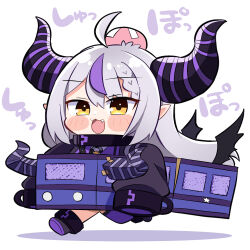 Rule 34 | 1girl, ahoge, blush, crossed bandaids, demon horns, grey hair, hair between eyes, head bump, hololive, horns, la+ darknesss, long hair, long sleeves, multicolored hair, nabe (nabe otome), open mouth, pointy ears, purple hair, sleeves past wrists, smile, solo, streaked hair, striped horns, virtual youtuber, yellow eyes