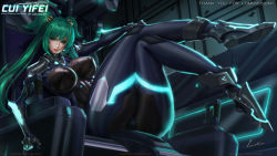 Rule 34 | 1girl, ass, bell, black bodysuit, blue eyes, blush, bodysuit, breasts, commentary, commission, covered erect nipples, cui yifei, english commentary, glowing, green hair, hair bell, hair ornament, highres, impossible bodysuit, impossible clothes, large breasts, lexaiduer, lips, long hair, looking at viewer, muv-luv, muv-luv alternative, muv-luv total eclipse, pilot suit, shiny clothes, sitting, skin tight, smile, solo, twintails, two side up, very long hair