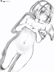 Rule 34 | 1girl, amane kanata, armband, bad id, bad pixiv id, blush, bob cut, drop shadow, dutch angle, flat chest, greyscale, highres, hololive, looking at viewer, monochrome, nanashi (nlo), navel, nipples, nude, own hands together, parted lips, pussy, short hair, simple background, socks, solo, standing, uncensored, virtual youtuber, white background