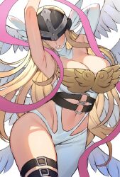 1girl angel angel_girl angel_wings angewomon armpits arms_behind_head artist_request asymmetrical_clothes asymmetrical_legwear bare_shoulders blonde_hair breasts collarbone covered_eyes digimon digimon_(creature) digimon_adventure elbow_gloves feathered_wings gloves helmet helmet_over_eyes highres large_breasts long_hair multiple_wings pink_shawl shawl simple_background thick_thighs thigh_strap thighs white_background wings wrist_wings