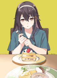 Rule 34 | 1girl, artist name, black hair, blouse, brown eyes, cake, commentary request, food, fork, fruit, green background, green shirt, hair ornament, hairband, hairclip, haruna (kancolle), highres, holding, ichiroku (sakumogu-029), kantai collection, long hair, looking at viewer, official alternate costume, shirt, simple background, solo, strawberry, upper body, white hairband