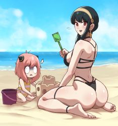 Rule 34 | 2girls, anya (spy x family), ass, babusgames, barefoot, beach, bikini, black bikini, black hair, blue sky, breasts, dangle earrings, earrings, feet, female focus, from behind, full body, hairband, highres, jewelry, looking at viewer, looking back, mother and daughter, multiple girls, ocean, one-piece swimsuit, outdoors, pink hair, sand, sand castle, sand sculpture, shaded face, shiny skin, sideboob, sitting, sky, smile, soles, spy x family, swimsuit, thigh strap, thong, toes, trowel, wariza, wide-eyed, yor briar