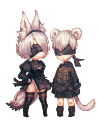 Rule 34 | 1boy, 1girl, animal ears, arm at side, arms at sides, belt, belt buckle, black dress, black footwear, black gloves, black hairband, black shorts, black thighhighs, blindfold, boots, breasts, buckle, cat ears, cat tail, chibi, choker, clenched hands, closed mouth, covered eyes, dress, fox ears, fox tail, full body, gloves, hairband, hand on own hip, kemonomimi mode, kitsune n, legs apart, leotard, leotard under clothes, long sleeves, mole, mole under mouth, nier:automata, nier (series), puffy sleeves, short dress, short hair, shorts, side slit, simple background, skindentation, standing, tail, thigh boots, thighhighs, white background, white hair, white leotard, 2b (nier:automata), 9s (nier:automata)