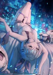 Rule 34 | 1girl, absurdres, bare arms, breasts, caisena, character doll, commentary request, crop top, grey eyes, grey hair, grey shirt, hair ribbon, highres, honkai: star rail, honkai (series), knees up, lying, midriff, on back, purple ribbon, ribbon, shirt, silver wolf (honkai: star rail), single-shoulder shirt, single bare shoulder, single sleeve, small breasts, thigh strap, thighs, white shirt