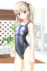 Rule 34 | 1girl, absurdres, black hairband, blue one-piece swimsuit, blurry, breasts, brown eyes, competition swimsuit, cowboy shot, depth of field, fence, girls und panzer, grey one-piece swimsuit, hairband, head tilt, highres, light brown hair, long hair, looking at viewer, one-piece swimsuit, one side up, parted lips, plant, potted plant, shimada arisu, small breasts, solo, standing, swimsuit, takafumi