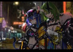 Rule 34 | 2girls, absurdres, amayouri, arknights, arm around shoulder, black collar, blue hair, blurry, can, ch&#039;en (arknights), chinese commentary, collar, commentary request, depth of field, dog tags, dragon horns, green hair, highres, holding, holding can, horns, hoshiguma (arknights), letterboxed, long hair, multiple girls, open mouth, single horn, sketch, skin-covered horns, v-shaped eyebrows