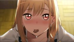 Rule 34 | 1girl, animated, black necktie, blinking, blonde hair, blunt bangs, blush, candy, chocolate, chocolate heart, choker, collarbone, collared shirt, ear piercing, earrings, eyelashes, face, food, food in mouth, heart, hoop earrings, jewelry, kitagawa marin, kizu, long hair, long sleeves, looking at viewer, looping animation, necktie, outstretched arms, piercing, pov, red eyes, school uniform, shirt, smile, solo, sono bisque doll wa koi wo suru, spread arms, ugoira, valentine, video