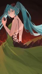 Rule 34 | 1girl, absurdres, backless dress, backless outfit, bare shoulders, blue hair, dress, green eyes, hatsune miku, highres, looking at viewer, microphone, twintails, vocaloid, yukihira makoto
