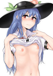 Rule 34 | 1girl, black hat, blue hair, blush, breasts, closed mouth, clothes lift, collared shirt, eyebrows, food, frills, fruit, hat, highres, hinanawi tenshi, leaf, lifted by self, long hair, looking to the side, momo retasu, navel, nipples, no bra, peach, puffy short sleeves, puffy sleeves, red eyes, revision, shirt, shirt lift, short sleeves, simple background, small breasts, solo, stomach, sweatdrop, touhou, upper body, white background, white shirt
