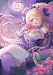 Rule 34 | 1girl, blonde hair, crossed legs, dress, eyepatch, fischl (ein immernachtstraum) (genshin impact), fischl (genshin impact), flower, genshin impact, highres, long hair, looking at viewer, open mouth, pink eyes, rose, sitting, smile, solo, tatonxry, thighhighs, throne, very long hair