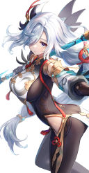 Rule 34 | 1girl, blue eyes, bodysuit, breasts, closed mouth, commentary request, expressionless, genshin impact, hair over one eye, highres, holding, long hair, looking at viewer, medium breasts, nogi lief, polearm, shenhe (genshin impact), silver hair, simple background, skin tight, solo, weapon, white background