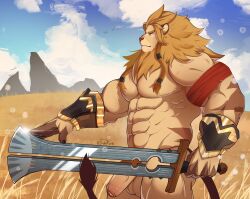 Rule 34 | 1boy, abs, absurdres, afk arena, afk journey, animal ears, bara, blue sky, brutus (afk arena), claws, cloud, cloudy sky, commentary, drawreshi, english commentary, field, furry, furry male, grasslands, highres, holding, holding sword, holding weapon, lion boy, lion ears, lion mane, lion tail, male focus, mountain, nude, pectorals, penis, profile, sky, sword, tail, testicles, weapon