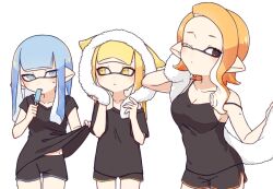 Rule 34 | 3girls, black eyes, black shirt, black shorts, blonde hair, blue eyes, blue hair, breasts, cleavage, closed mouth, clothes lift, collarbone, eating, eyelashes, food, inkling, inkling girl, inkling player character, inuowour, licking, long hair, medium breasts, medium hair, multiple girls, nintendo, one eye closed, orange hair, pointy ears, popsicle, shirt, shirt lift, short shorts, shorts, simple background, single bare shoulder, splatoon (series), sweat, tentacle hair, towel, upper body, white background, yellow eyes