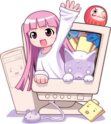 Rule 34 | 1girl, :3, absurdres, amaesode, animal, blush, brown eyes, cat, computer, copyright request, crt, daruma doll, doll, folder, highres, internet explorer, long hair, long sleeves, microsoft, monitor, mouse (animal), mouse (computer), open mouth, personification, photoshop (medium), pink eyes, pink hair, recycle bin, shirt, sleeves past wrists, smile, sweat, through medium, through screen, toromi (toromix2), trash can, vector trace, waving, white background, white shirt
