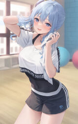 Rule 34 | 1girl, :d, arm behind head, arm up, ball, black shorts, blue eyes, blue hair, blue nails, blurry, blurry background, breasts, character name, covered navel, exercise ball, highres, holding, holding towel, hololive, hololive dance practice uniform, hoshimachi suisei, indoors, leotard, leotard under clothes, looking at viewer, me meel, official alternate costume, open mouth, shirt, short shorts, shorts, small breasts, smile, solo, star (symbol), star in eye, symbol in eye, towel, virtual youtuber, white shirt, window