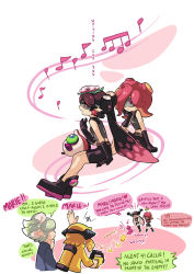 Rule 34 | 4girls, ^^^, arm up, armor, arms behind back, arms up, bare shoulders, belt, belt buckle, bike shorts, black footwear, black gloves, black hair, black shorts, blonde hair, blue shirt, boots, brown belt, buckle, callie (splatoon), cosplay, cousins, earrings, elbow gloves, english text, food, food on head, gloves, gomipomi, green eyes, green hair, grey shirt, gun, half-closed eyes, hand on own chin, hand up, head rest, headset, highres, holding, holding gun, holding weapon, hood, hoodie, ink tank (splatoon), inkling, inkling girl, inkling player character, jewelry, jumping, knee boots, long hair, long sleeves, looking at another, looking away, marie (splatoon), mask, midriff, mole, mole under eye, monster girl, motion lines, multiple girls, music, musical note, nintendo, object on head, octoball, one-eyed, open mouth, outstretched arms, parted lips, pink eyes, pointy ears, quaver, red hair, shirt, shoes, shorts, simple background, singing, sitting, smile, speech bubble, splatoon (series), splatoon 2, squid, standing, sushi, sweatdrop, takozonesu, takozonesu (cosplay), talking, tank top, tentacle hair, waving, weapon, white background