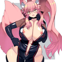 Rule 34 | 1girl, absurdres, animal ear fluff, animal ears, black bodysuit, black choker, black gloves, bodysuit, bow, breasts, choker, commission, elbow gloves, fate/grand order, fate (series), fox ears, fox girl, fox tail, glasses, gloves, grey-framed eyewear, highres, hip vent, huge breasts, kouno (masao), koyanskaya (assassin) (first ascension) (fate), koyanskaya (fate), looking at viewer, navel, nipple slip, nipples, open bodysuit, open clothes, pink bow, pink hair, plump, side ponytail, sidelocks, skeb commission, solo, tail, tamamo (fate), thick thighs, thighs, unzipped, wide hips, yellow eyes
