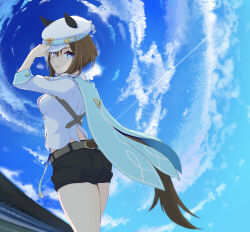 Rule 34 | 1girl, adjusting clothes, animal ears, ascot, ass, black shorts, blue cape, blue eyes, blue sky, breasts, brown hair, bug, butterfly, cape, character name, cheval grand (umamusume), closed mouth, clothing cutout, cloud, cloudy sky, commentary request, cowboy shot, from behind, gloves, hair between eyes, hat, highres, horse ears, horse girl, horse tail, insect, jacket, long sleeves, looking at viewer, medium breasts, midriff peek, multicolored hair, navel, outdoors, peaked cap, shorts, single glove, sky, solo, streaked hair, tail, tail through clothes, taniko shanokoya, umamusume, white gloves, white hair, white hat, white jacket, yellow ascot