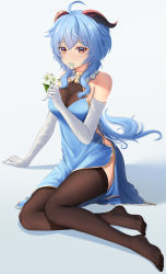 Rule 34 | 1girl, absurdres, ahoge, alternate costume, bare shoulders, bell, blue hair, breasts, brown thighhighs, china dress, chinese clothes, cleavage, dealesis, dress, elbow gloves, flower, full body, ganyu (genshin impact), genshin impact, gloves, goat horns, gold choker, gradient eyes, highres, holding, holding flower, horns, invisible floor, long hair, looking at viewer, mouth hold, multicolored eyes, neck bell, no shoes, ponytail, purple eyes, see-through, see-through legwear, side slit, simple background, sitting, solo, thighhighs, toes, white background, white flower, white gloves