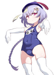 Rule 34 | 1girl, absurdres, blue one-piece swimsuit, braid, breasts, covered navel, earrings, elbow gloves, feet out of frame, female focus, genshin impact, gloves, hat, highres, jewelry, long hair, looking at viewer, ofuda, one-piece swimsuit, purple eyes, purple hair, qingdai guanmao, qiqi (genshin impact), school swimsuit, shy, simple background, small breasts, solo, swimsuit, thighhighs, tokomaya keita, white background, white gloves, white thighhighs