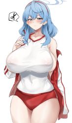 Rule 34 | 1girl, absurdres, ako (blue archive), alternate breast size, bare shoulders, blue archive, blue eyes, blue hair, blush, breasts, buruma, closed mouth, collarbone, covered erect nipples, cowboy shot, halo, highres, hotate-chan, huge breasts, jacket, long sleeves, off shoulder, open clothes, open jacket, red buruma, red jacket, shirt, sideboob, simple background, solo, thighs, white background, white shirt