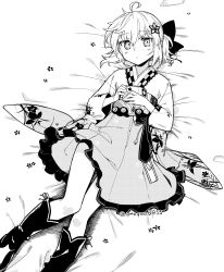 Rule 34 | 1girl, ahoge, arknights, bed sheet, boots, bow, dress, feet out of frame, greyscale, hair bow, hair ornament, highres, holding, long sleeves, lying, monochrome, official alternate costume, on back, robot, scene (arknights), scene (betsushi) (arknights), short hair, solo, star (symbol), star hair ornament, twitter username, white sleeves, yom (ymayma00ss)