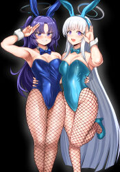 Rule 34 | 2girls, absurdres, animal ears, armpits, bad anatomy, bad arm, black background, blue archive, blue bow, blue bowtie, blue footwear, blue leotard, blush, bow, bowtie, breasts, detached collar, fake animal ears, feet out of frame, fingernails, fishnet pantyhose, fishnets, foot out of frame, grey hair, grin, halo, high heels, highres, legs, leotard, long hair, mechanical halo, medium breasts, multiple girls, noa (blue archive), open mouth, pangtanto, pantyhose, playboy bunny, purple eyes, purple hair, rabbit ears, simple background, smile, strapless, strapless leotard, two side up, wrist cuffs, yuuka (blue archive)
