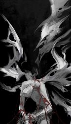 Rule 34 | black background, bloodborne, completely nude, greyscale, highres, jiao chang, male focus, monochrome, monster, multiple wings, nude, orphan of kos, painterly, red rope, rope, slouching, solo, spot color, torn, torn wings, wings