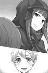 Rule 34 | :d, ayakura juu, cape, eye contact, floating hair, greyscale, holo, hood, hooded, long hair, looking at another, monochrome, novel illustration, official art, open mouth, outdoors, smile, spice and wolf