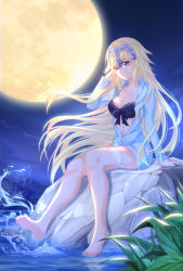 Rule 34 | 1girl, 333 (pixiv8601259), absurdres, arm support, barefoot, bikini, bikini top only, black bikini, blonde hair, blue eyes, blue jacket, breasts, cleavage, collarbone, fate/grand order, fate (series), floating hair, full body, full moon, hand in own hair, headpiece, highres, hood, hooded jacket, jacket, jeanne d&#039;arc (fate), jeanne d&#039;arc (ruler) (fate), jeanne d&#039;arc (swimsuit archer) (fate), jeanne d&#039;arc (swimsuit archer) (first ascension) (fate), large breasts, long hair, moon, night, open clothes, open jacket, outdoors, sitting, sky, smile, soaking feet, solo, strapless, strapless bikini, swimsuit, thigh strap, very long hair, water