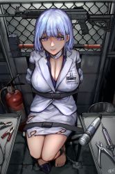 Rule 34 | 1girl, arms behind back, assault rifle, bad id, bad twitter id, bandaged neck, bandages, barefoot, bdsm, blazer, breasts, chain, cleavage, closedfrom above, collared shirt, commentary request, fence, fire extinguisher, formal, girls&#039; frontline, grey blazer, grey suit, gun, highres, hitachi magic wand, id card, iuui, jacket, large breasts, light machine gun, machine gun, medium hair, miniskirt, pliers, purple eyes, purple hair, restrained, rifle, rpk, rpk-16, rpk-16 (girls&#039; frontline), rpk-16 (renate) (girls&#039; frontline), sex toy, shirt, sitting, skirt, skirt suit, smile, suit, syringe, thighs, torn clothes, torn skirt, tray, vibrator, weapon