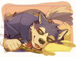 Rule 34 | 1boy, animal ears, black sclera, chain, colored sclera, dog boy, dog ears, dog tail, furry, furry male, gamma dh, garmr (housamo), highres, short hair, sleeping, smile, solo, tail, tokyo houkago summoners, tongue, tongue out, two-tone fur, yellow eyes