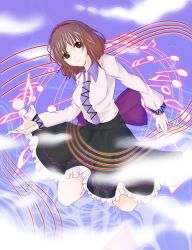 Rule 34 | 1girl, arm up, bad id, bad pixiv id, barefoot, blouse, blue background, bow, breasts, brown hair, cloud, hairband, head tilt, highres, legs up, light smile, light trail, long sleeves, looking at viewer, musical note, nyabi (hiraba0205), open hand, purple eyes, shirt, short hair, skirt, solo, staff (music), touhou, tsukumo yatsuhashi