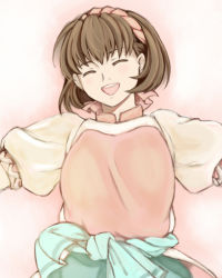 Rule 34 | 1girl, brown hair, closed eyes, female focus, gensou suikoden, gensou suikoden ii, gradient background, hairband, happy, nanami (suikoden), open mouth, pink ribbon, ribbon, sage sage, short hair, solo, white background