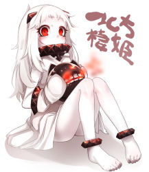 Rule 34 | 10s, 1girl, abyssal ship, anklet, barefoot, blush, character name, colored skin, covered mouth, dress, eyelashes, full body, holding, horns, jewelry, kantai collection, knees together feet apart, long hair, looking at viewer, lots of jewelry, mittens, northern ocean princess, otokuyou, pale skin, red eyes, shadow, simple background, sitting, sleeveless, solo, teeth, toenails, white background, white dress, white hair, white mittens, white skin