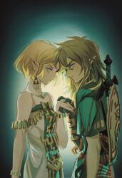 Rule 34 | 1boy, 1girl, archaic set (zelda), armlet, bare shoulders, blonde hair, blue eyes, bracelet, breasts, corrupted twitter file, cowboy shot, dress, green eyes, green tunic, hair between eyes, highres, holding hands, jewelry, link, long hair, looking at viewer, master sword, medium breasts, multicolored clothes, multicolored dress, necklace, nintendo, parted bangs, princess zelda, shield, shield on back, short hair, shuo yue, sidelocks, strapless, strapless dress, the legend of zelda, the legend of zelda: tears of the kingdom, triforce earrings, vignetting, weapon, weapon on back