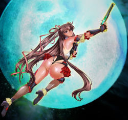 Rule 34 | 00s, 1girl, arion canvas, armor, ass, bare shoulders, boots, breasts, brown hair, covered erect nipples, elbow pads, fishnets, frills, from behind, gauntlets, gloves, gun, hair ribbon, highres, leotard, long hair, looking at viewer, looking back, mizuki yukikaze, moon, ninja, open mouth, parted lips, pink eyes, ribbon, shiny clothes, shiny skin, sideboob, small breasts, smile, solo, taimanin (series), taimanin asagi, taimanin yukikaze, taimanin yukikaze 2, tan, tanline, thigh boots, thighhighs, thong, thong leotard, twintails, very long hair, weapon
