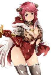 Rule 34 | 10s, 1girl, alp, animal ears, animal print, armor, armored boots, between breasts, bikini, bikini top only, boots, breasts, cape, cleavage, cow ears, curvy, draph, earrings, elbow gloves, female focus, gloves, granblue fantasy, hilt, hood, hood down, horns, jewelry, large breasts, leopard print, leotard, looking at viewer, pink hair, red eyes, red hair, red leotard, short hair, simple background, skindentation, solo, sturm (granblue fantasy), swimsuit, sword, thigh boots, thighhighs, thighs, weapon, white background, wide hips