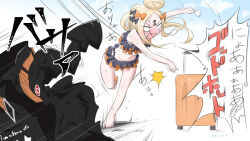Rule 34 | 1girl, abigail williams (emerald float) (fate), abigail williams (fate), abigail williams (traveling outfit) (fate), bare arms, bare legs, bare shoulders, barefoot, bikini, black bikini, black bow, black jacket, blonde hair, blue eyes, blush, bow, commentary request, emerald float, fate/grand order, fate (series), hair bow, hair bun, highres, jacket, long hair, long sleeves, neon-tetora, nose blush, official alternate costume, open mouth, orange bow, parted bangs, polka dot, polka dot bow, rolling suitcase, single hair bun, solo, standing, standing on one leg, star (symbol), suitcase, sweat, swimsuit, throwing, translation request, v-shaped eyebrows
