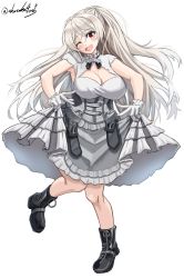 Rule 34 | 1girl, absurdres, akasaka4005, black footwear, boots, breasts, brown eyes, cleavage, cleavage cutout, clothing cutout, conte di cavour (kancolle), conte di cavour nuovo (kancolle), corset, dress, frilled dress, frills, full body, gloves, grey dress, highres, kantai collection, large breasts, layered dress, long hair, one eye closed, silver hair, simple background, solo, two-tone dress, two side up, white background, white dress, white gloves