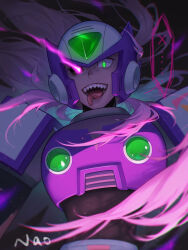 1boy absurdres armor artist_name glowing glowing_eyes green_eyes helmet heterochromia highres long_hair male_focus mega_man_(series) mega_man_x_(series) nao_(gatita) open_mouth purple_armor purple_eyes purple_helmet sharp_teeth solo teeth tongue tongue_out zero_nightmare_(mega_man)